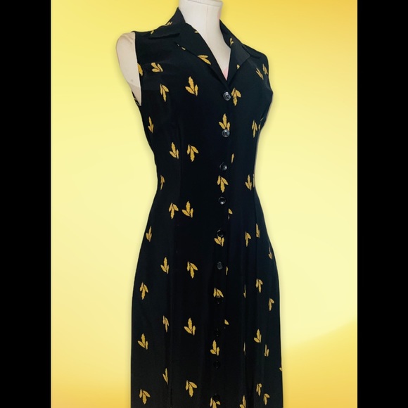 Studio I Black & Yellow Sleeveless Collared Floral Button Down Maxi Dress Vintag - Picture 1 of 8